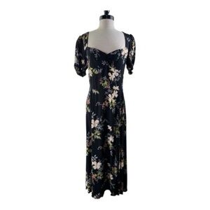 Reformation Black Floral Puff-Sleeve Midi Dress with Slit